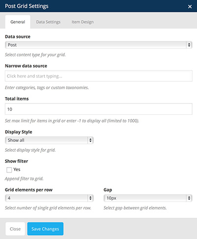 post grid vc settings