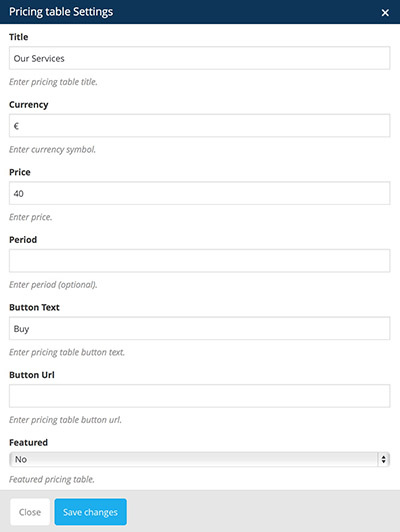 pricing table vc settigns