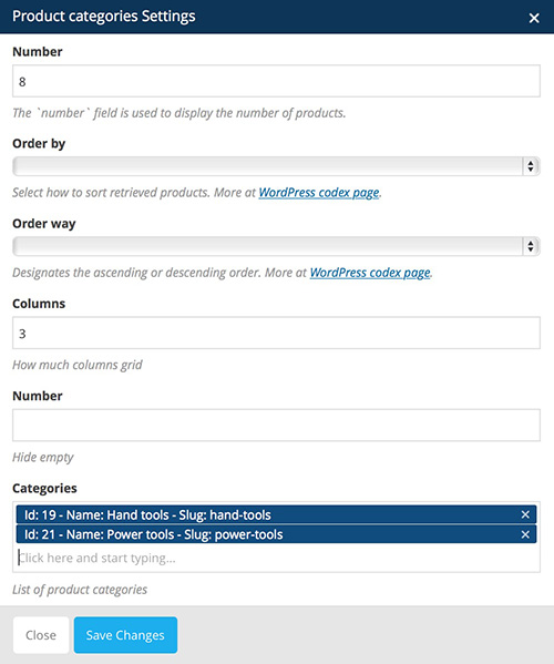 product categories vc settings